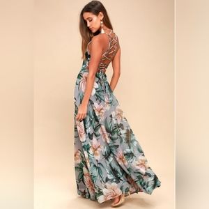 Lulu's Love Abloom Grey Floral Print Lace-Up Maxi Dress